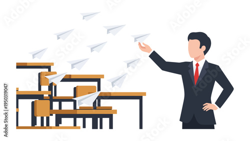 Leading Ideas: An innovative individual, smartly dressed, releases paper airplanes, symbolizing the launch of new ideas and forward thinking