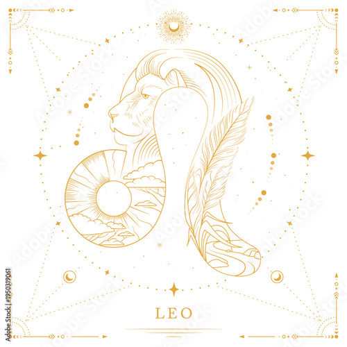 Modern magic witchcraft card with astrology Leo zodiac sign on space background. Line art vector illustration