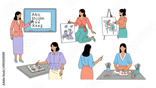 Art of Teaching: Illustrations of educators guiding learning, showing a spectrum of artistic expression and instruction.
