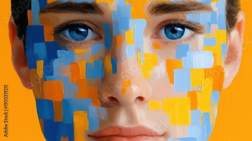 Close-up portrait of a persons face with abstract blue and orange paint strokes, vibrant colors, artistic style