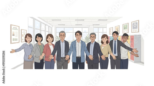 Team Unity and Collaboration: A diverse group of people stand side-by-side, holding hands as a symbol of unity, teamwork, and support.