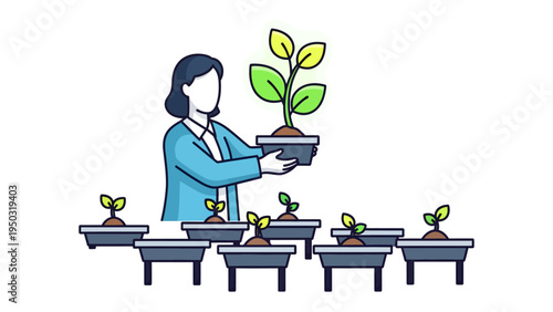 Nurturing Growth: A woman cultivates a flourishing sprout, symbolizing growth, care, and the beginning of life. A celebration of potential and sustainability.