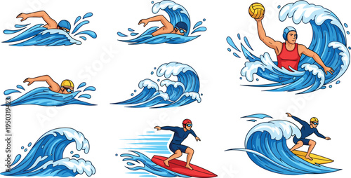 Water Sports Icon Set with Swimmers, Surfers, Water Polo Players, and Waves for Athletic, Ocean, and Sports Designs