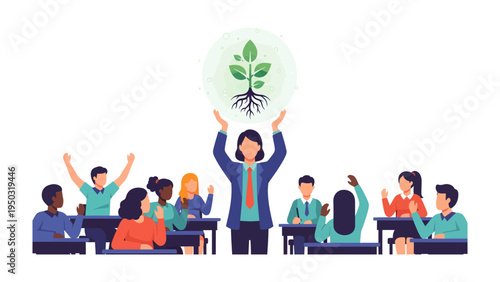 Education for a Sustainable Future: A classroom scene where a teacher holds up a symbol of a growing plant, encouraging her diverse students.