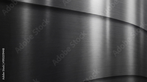 Modern industrial background of brushed dark metallic surfaces with elegant curves and reflections.