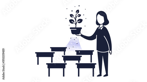 Nurturing Growth: A figure tenderly holds a flourishing plant above a series of tables, symbolizing the nurturing of ideas, progress, and development.
