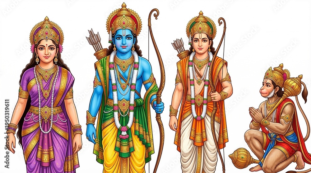 Obraz premium Divine Ram Darbar Depicting Lord Rama Seeta Lakshmana And Hanuman Standing Together In Royal Attire Blessing Devotees With Grace Against White Background Traditional Indian Religious Art 
