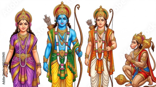 Divine Ram Darbar Depicting Lord Rama Seeta Lakshmana And Hanuman Standing Together In Royal Attire Blessing Devotees With Grace Against White Background Traditional Indian Religious Art 
