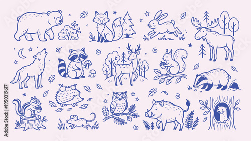 Forest animals doodle collection with hand drawn outline style. bear, fox, rabbit, moose, owl, squirrel, hedgehog. Cute woodland nature elements for children coloring pages and wildlife illustrations.