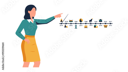Strategic Presentation: A presenter gestures towards a timeline, showcasing milestones and achievements in a dynamic and engaging manner.