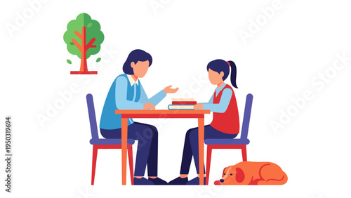 Education Conversation: Two figures sit at a table, engaged in a discussion. A dog and a tree add a nature and friendly feel to this study scene. 