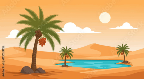 Desert Oasis with Palm Trees and Blue Water under a Sunny Sky