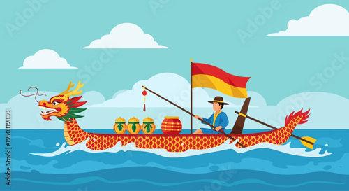 Dragon Boat Race Festival Celebration with Paddler and Flag on Water