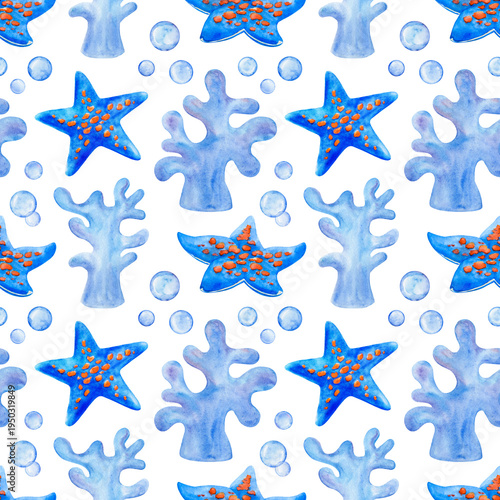 Corals, starfish, watercolor seamless pattern. Nautical style.