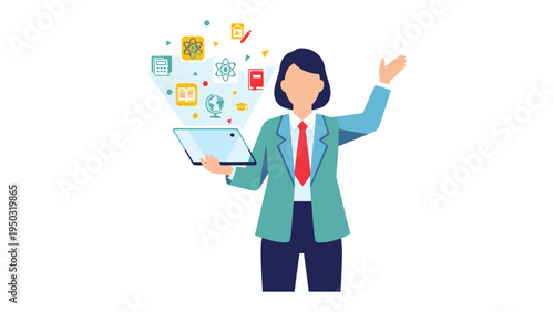 Digital Education: A professional figure, presenting a tablet with an array of educational symbols floating, suggesting modern learning and technological innovation.