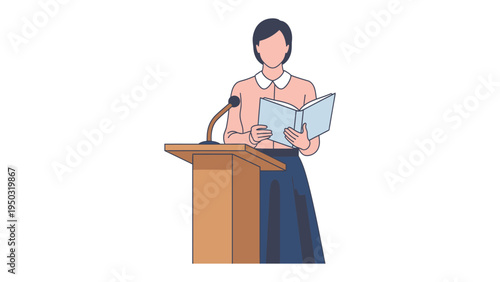 Public Speaking Illustration: An illustration depicting a poised individual, engrossed in a speech at a wooden podium, with a microphone and a book in hand, portraying effective communication.