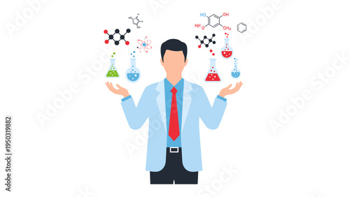 Scientist with Chemistry Illustration: A scientist is immersed in the world of chemistry, as molecular structures and colorful laboratory flasks float around.
