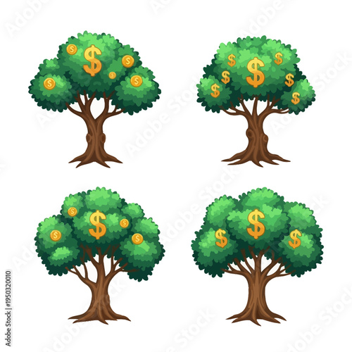 Money Tree Icons: Four Cartoon Style Trees with Gold Coins and Dollar Signs