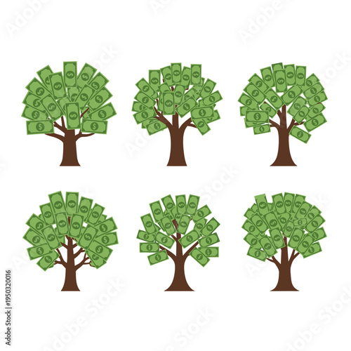 Money Tree Illustration: Six Diverse Green Cash Trees Symbolizing Wealth and Growth