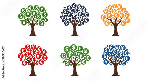 Money Trees with Currency Symbols: Growth, Finance, Investment, Global Economy