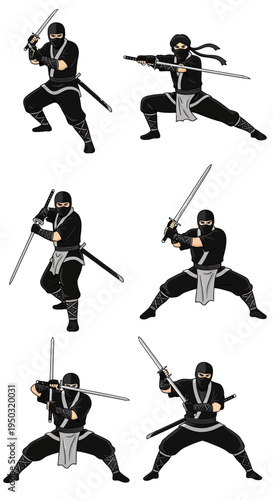 Ninja Warrior Poses with Swords: Dynamic Action and Martial Arts