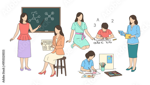 A Teacher's Compass: Envision a collection of dedicated teachers, each absorbed in various aspects of education, from delivering lectures to guiding young students in their learning journeys.