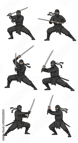 Pixel Art Ninja Warrior Poses with Swords, Dynamic Action Stance Collection