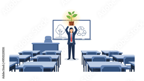 Educational Environmental Advocate: A dedicated educator stands in a classroom, championing the cause of sustainability by holding up a seedling.