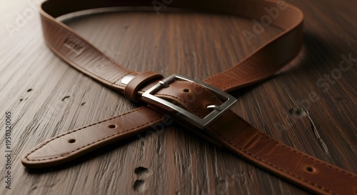 Brown Leather Belt with Silver Buckle on Wooden Surface