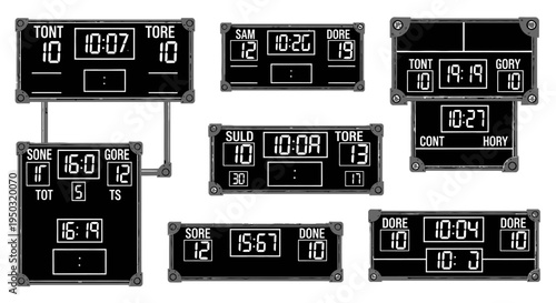 Retro scoreboard collection, vintage sports game timers and score displays