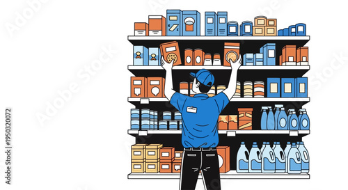 Retail worker stocking shelves with products in a supermarket aisle