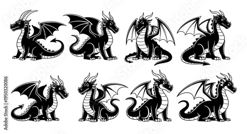 Set of Black Dragon Silhouettes, Fantasy Creature Illustrations