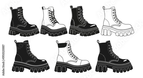 Set of Black and White Combat Boots with Thick Soles, Fashion Footwear Collection