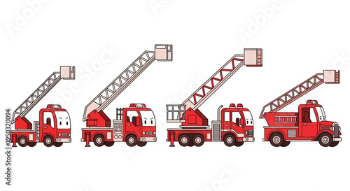 Set of cartoon fire trucks with ladders, isolated on white background