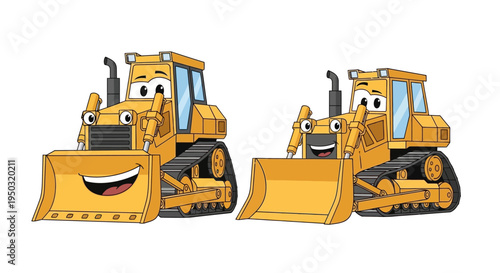 Two happy cartoon bulldozers, construction vehicles with smiling faces, isolated on white background