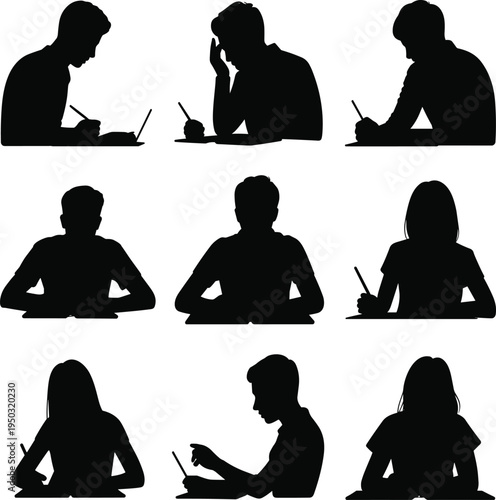 Silhouettes of people sitting and writing at desks in various positions