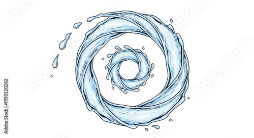 Abstract Water Swirl Vortex with Droplets, Dynamic Liquid Motion, Circular Flow