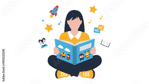 Storytime Adventure: A young woman is immersed in the enchanting world of a storybook, surrounded by whimsical elements that spark imagination and a love for reading.