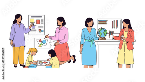 Classroom Interaction: A dynamic classroom setting unfolds, showcasing teachers engaging young students in various educational activities, fostering a nurturing learning environment.