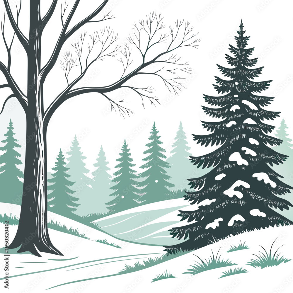 Obraz premium A winter scene with a snow covered pine tree and a bare tree