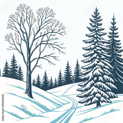 A winter landscape with a snow covered road and trees