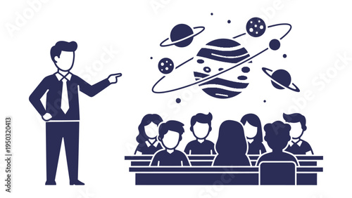 Space Exploration Seminar: A professional educator delivers an engaging lecture on space exploration, captivating a captivated audience with fascinating celestial bodies illustrations.
