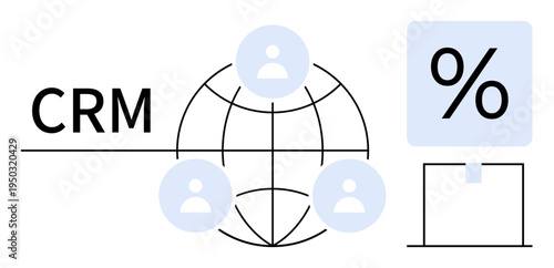 Customer relationships, marketing effectiveness, data analysis, sales growth, business tools, and online networking. Globally connected user icons and percentage symbol. Customer relationships