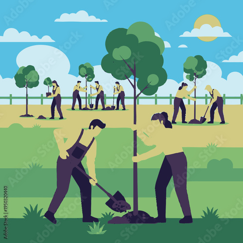 People planting trees in a green field.