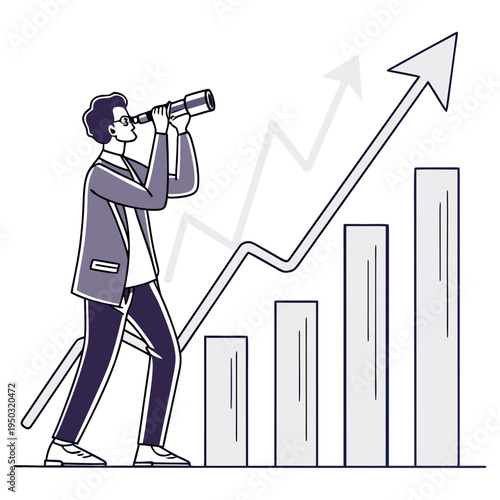 Businessman looking through binoculars at a growing graph