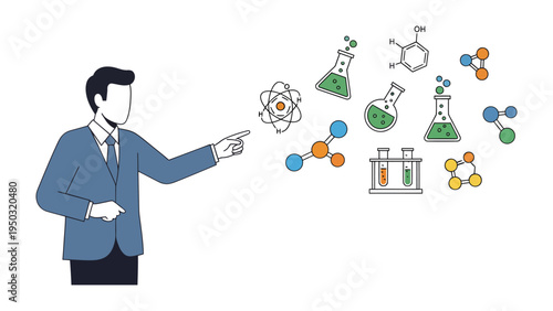 Science Education: A knowledgeable educator passionately explains complex scientific concepts, pointing towards a vibrant array of illustrated molecular structures and lab equipment.