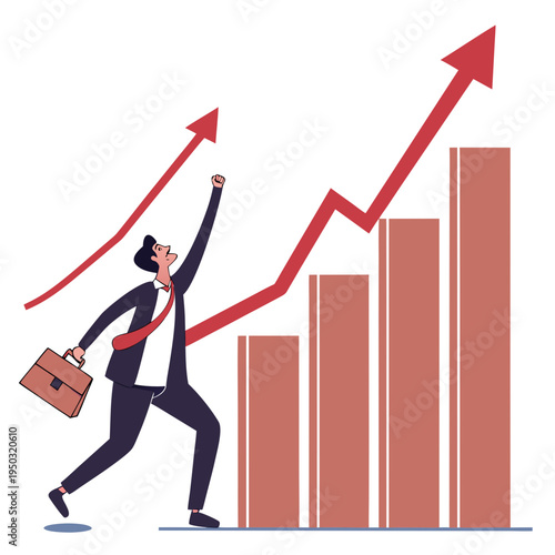 A man in a business suit is running up a graph