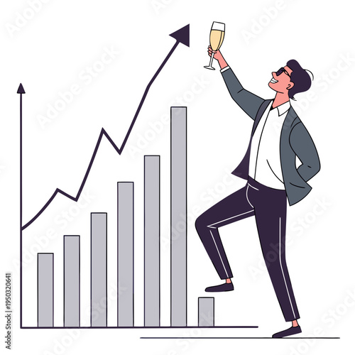 Man in a suit celebrating with a glass of champagne in front of a graph