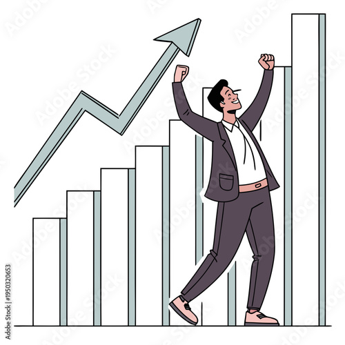 A man in a business suit celebrating in front of a rising graph