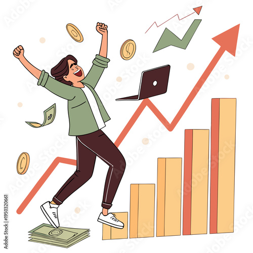 A woman celebrates with fists raised on top of growing graph